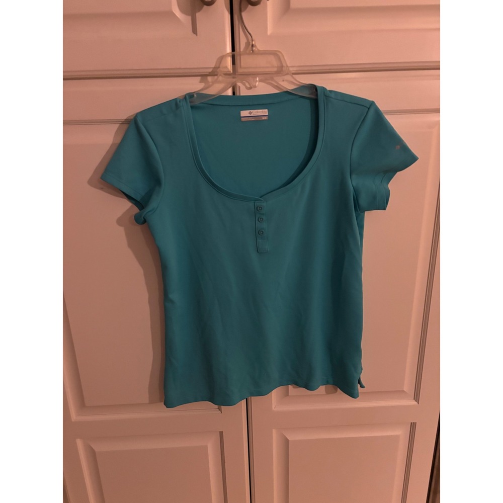 Columbia PFG Womens Turquoise Blue Henley Short Sleeve Mesh Active Top Medium